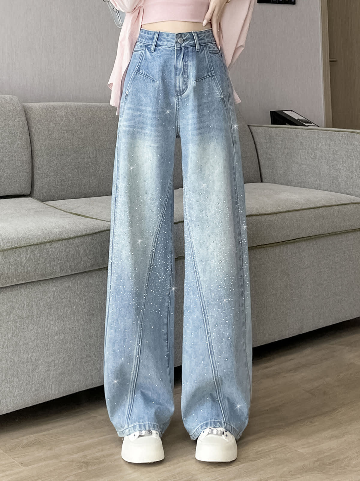 YEEYEEWang Wide-Leg Jeans in Light Blue, Asian-fit cut, waist-down standing view showing all-over rhinestone embellishment and front pockets, variant thumbnail.