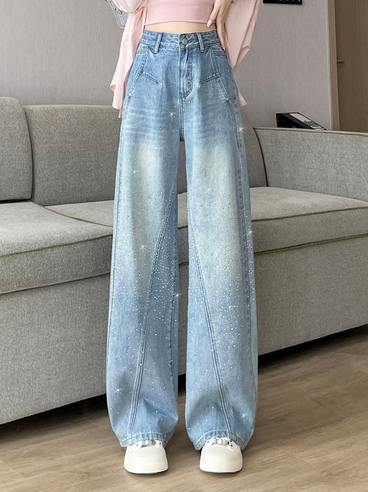 YEEYEEWang Wide-Leg Jeans in Light Blue, Asian-fit cut, waist-down standing view showing all-over rhinestone embellishment and front pockets, variant thumbnail.