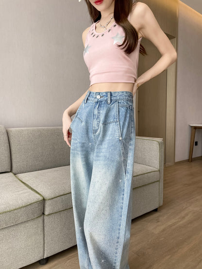 YEEYEEWang Wide-Leg Jeans in Light Blue, Asian-fit cut, half-body close view of high-rise waistband with silver-tone button, front pockets and scattered rhinestones.