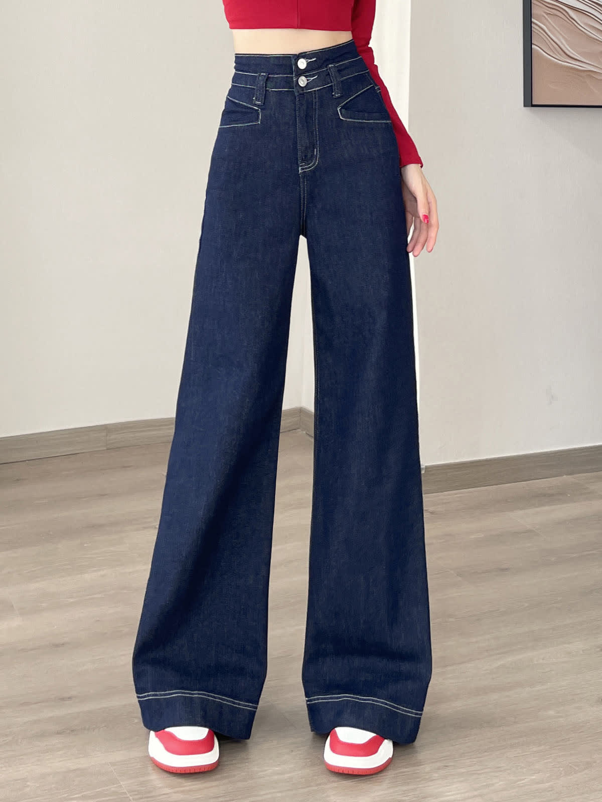 YEEYEEWang Wide-Leg jeans in Denim Blue, Asian-fit cut, waist-down front view showing silver-tone double-button waistband, variant thumbnail.