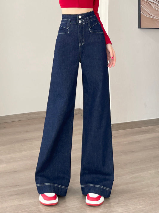 YEEYEEWang Wide-Leg jeans in Denim Blue, Asian-fit cut, waist-down front view showing silver-tone double-button waistband, variant thumbnail.