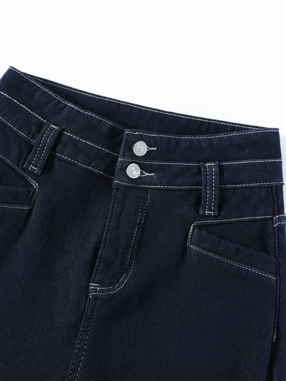 YEEYEEWang Wide-Leg jeans in Denim Blue, Asian-fit cut, close-up of waistband with silver-tone double buttons and contrast stitching.