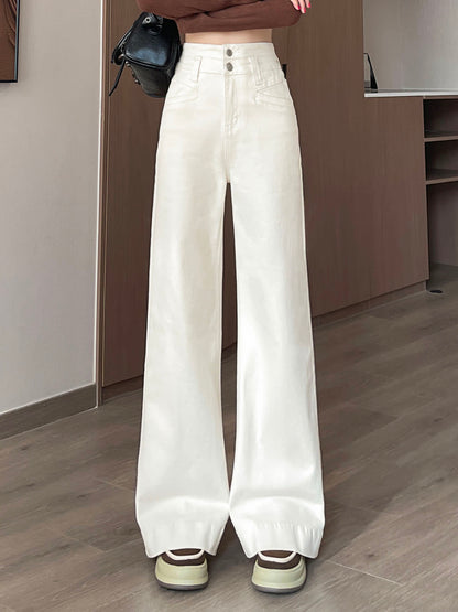 YEEYEEWang Wide-Leg jeans in Ivory, Asian-fit cut, waist-down front view showing silver-tone double-button waistband, variant thumbnail.