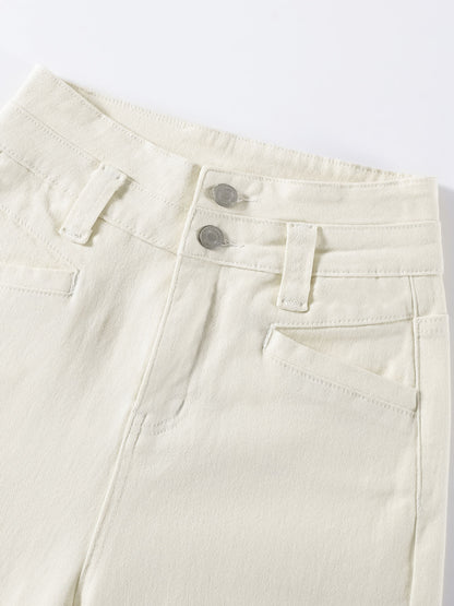 YEEYEEWang Wide-Leg jeans in Ivory, Asian-fit cut, close-up of waistband with silver-tone double buttons and tonal stitching.
