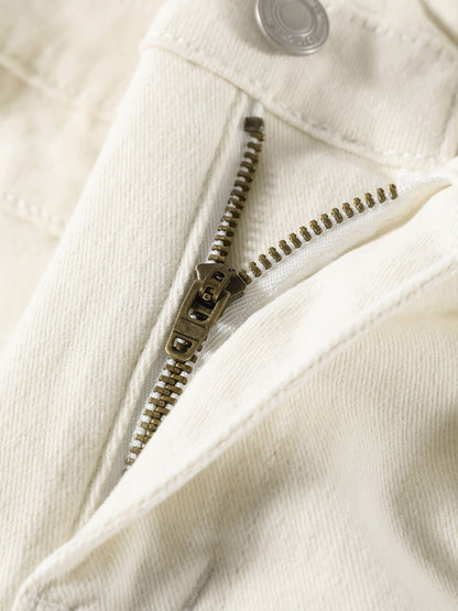 YEEYEEWang Wide-Leg jeans in Ivory, Asian-fit cut, close-up of antique bronze zipper on fly with tonal stitching.
