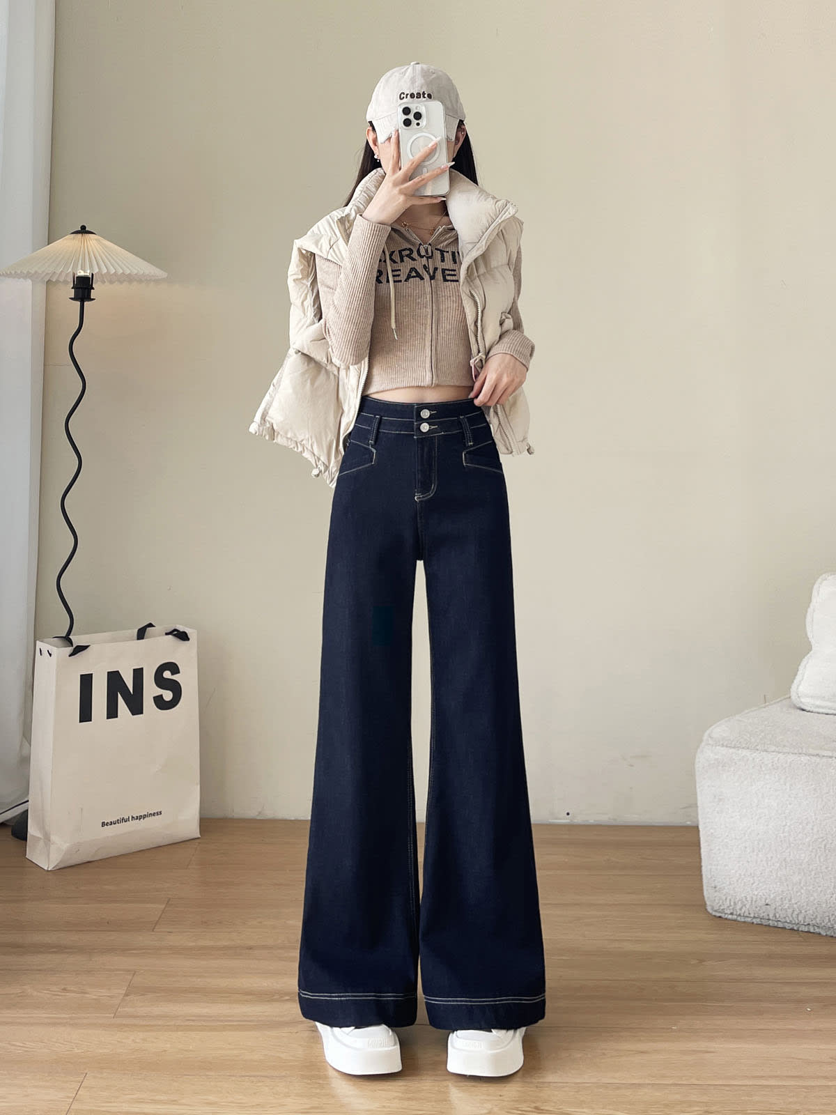 YEEYEEWang Wide-Leg Jeans in Denim Blue, Fleece-Lined, Asian-fit cut, full-body front standing pose holding phone at face, double-button high waist.