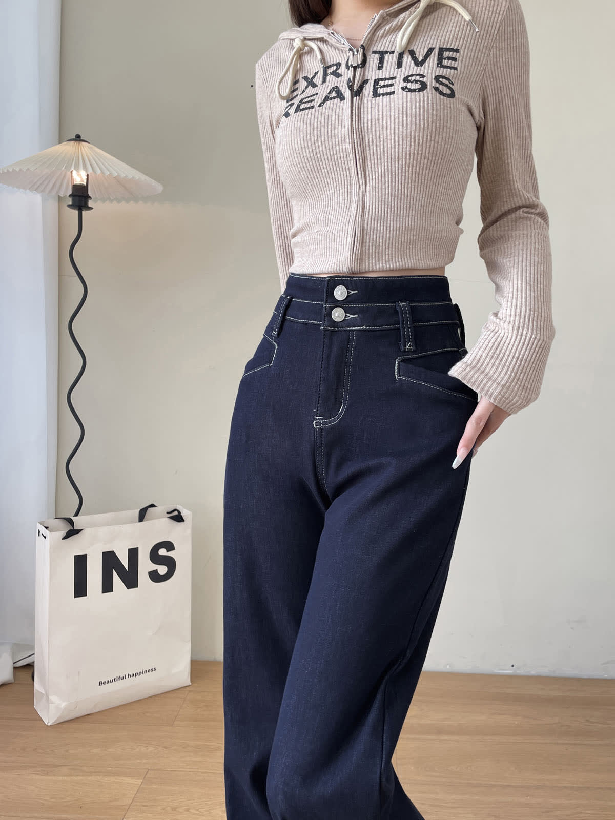 YEEYEEWang Wide-Leg Jeans in Denim Blue, Fleece-Lined, Asian-fit cut, waist-down front pose with hand in pocket, double-button waistband close view.