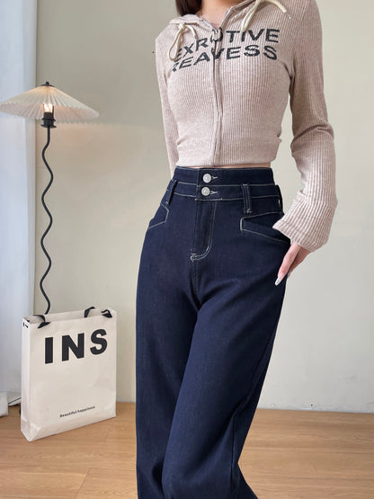 YEEYEEWang Wide-Leg Jeans in Denim Blue, Fleece-Lined, Asian-fit cut, waist-down front pose with hand in pocket, double-button waistband close view.