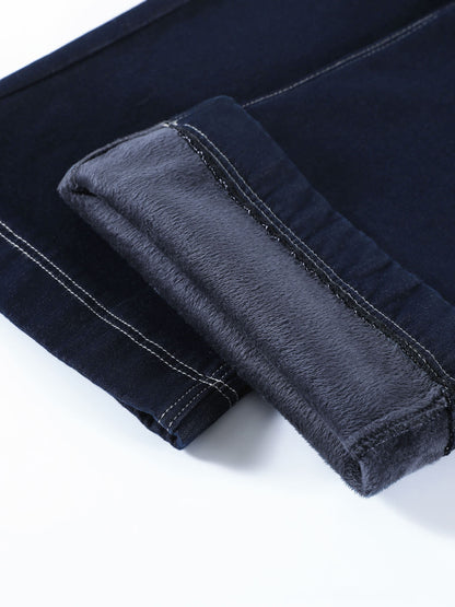 YEEYEEWang Wide-Leg Jeans in Denim Blue, Fleece-Lined, Asian-fit cut, close-up of hem rolled up showing plush fleece lining texture and contrast stitching.