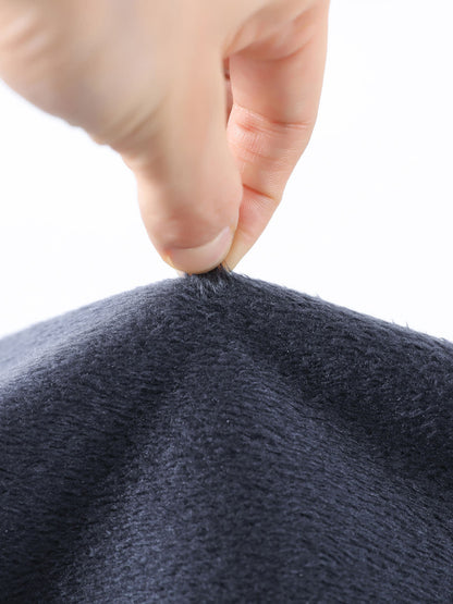YEEYEEWang Wide-Leg Jeans in Denim Blue, Fleece-Lined, Asian-fit cut, close-up of hand pinching soft fleece fabric to show its dense plush texture.