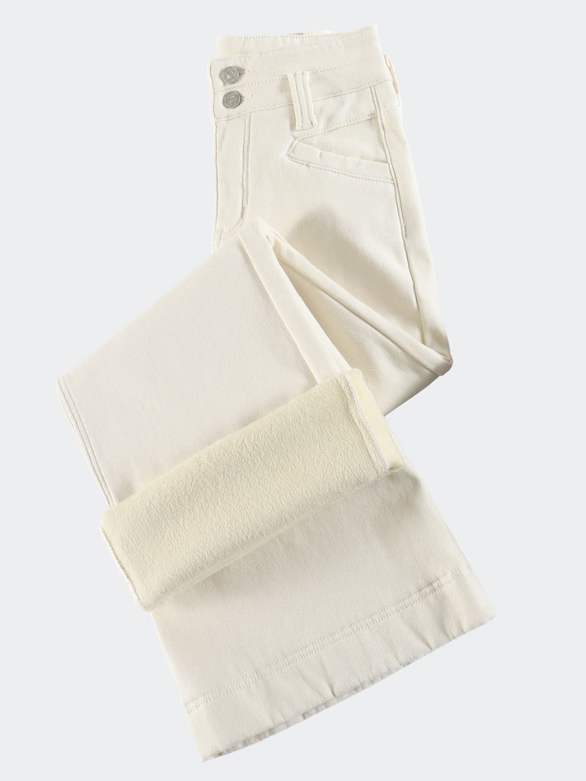 YEEYEEWang Wide-Leg Jeans in Ivory, Fleece-Lined, Asian-fit cut, close-up flat lay of folded jeans showing high waist and rolled hem with fleece lining.