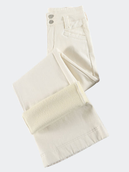 YEEYEEWang Wide-Leg Jeans in Ivory, Fleece-Lined, Asian-fit cut, close-up flat lay of folded jeans showing high waist and rolled hem with fleece lining.