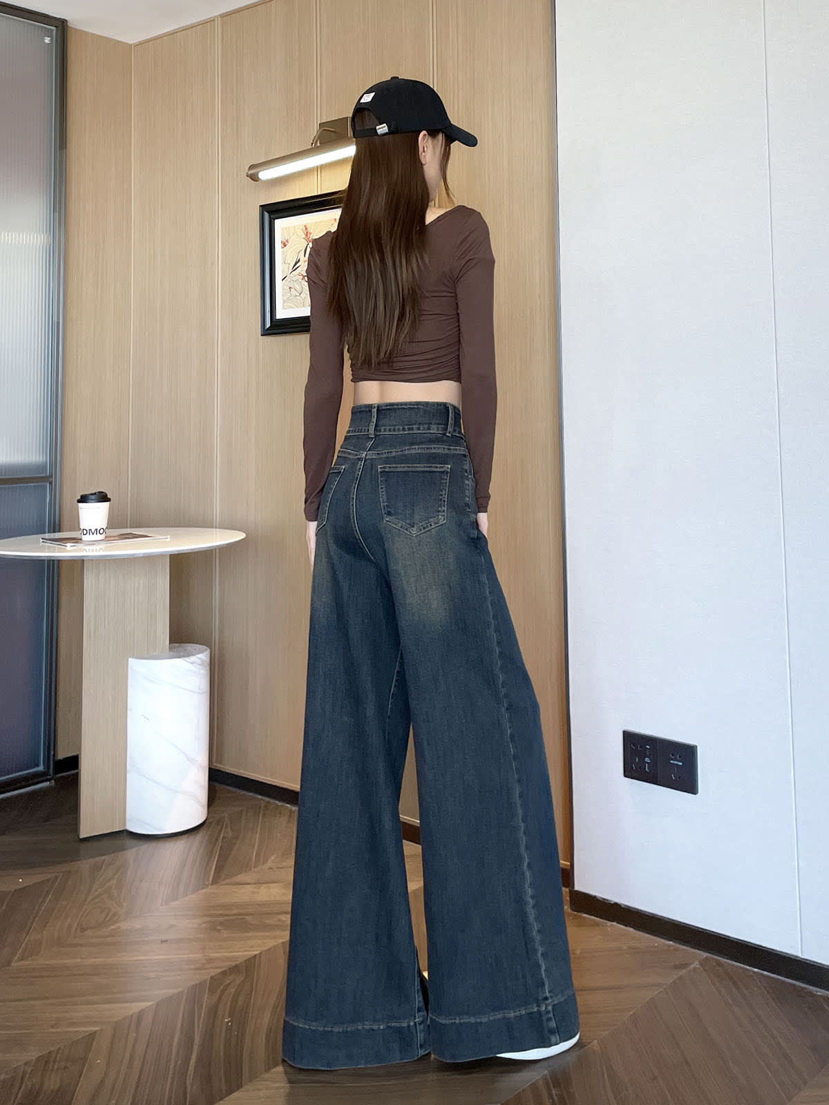 YEEYEEWang wide-leg jeans in Mid-Wash Blue, Asian-fit cut, full-body back view in black cap, back patch pockets and floor-sweeping drape.