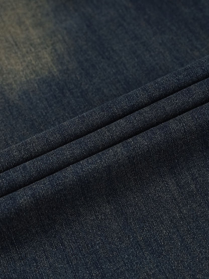 YEEYEEWang wide-leg jeans in Mid-Wash Blue, Asian-fit cut, close-up of soft denim texture with natural folds and fine twill weave.