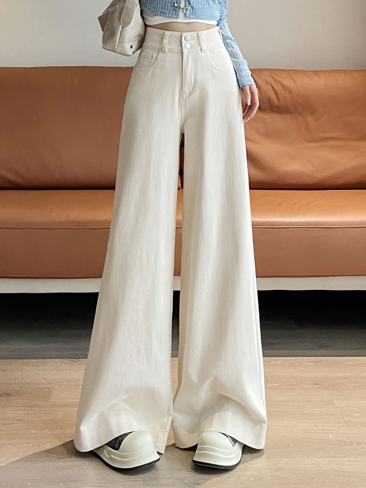YEEYEEWang wide-leg jeans in Ivory, Asian-fit cut, waist-down front view with beige shoulder bag and white platform shoes, variant thumbnail.