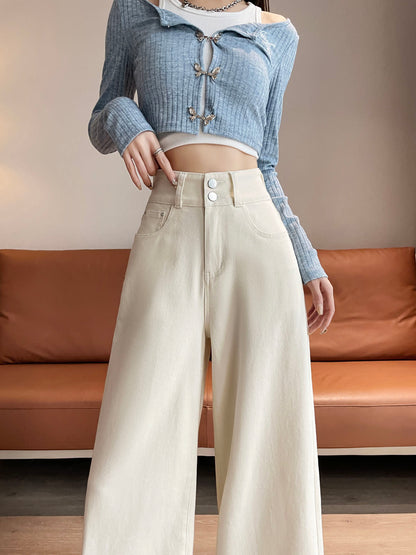YEEYEEWang wide-leg jeans in Ivory, Asian-fit cut, waist-down standing front pose in blue cardigan, hand resting on double-button waistband.