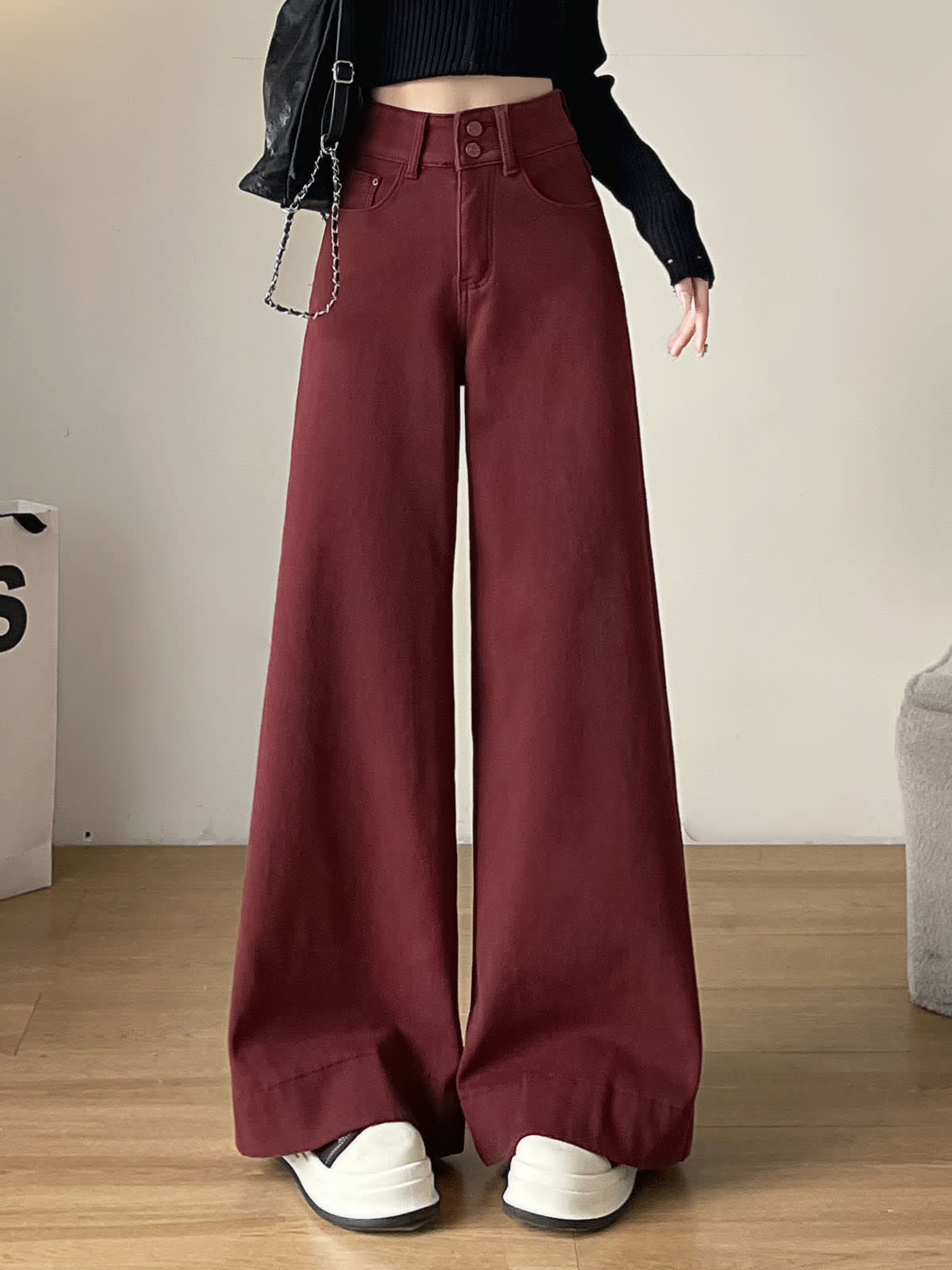YEEYEEWang wide-leg jeans in Dark Cherry, Asian-fit cut, waist-down front view with black chain bag and white platform sneakers, variant thumbnail.