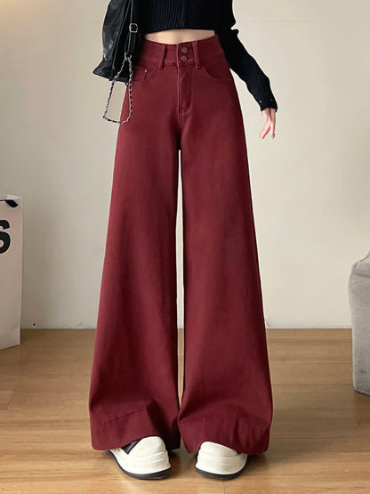 YEEYEEWang wide-leg jeans in Dark Cherry, Asian-fit cut, waist-down front view with black chain bag and white platform sneakers, variant thumbnail.