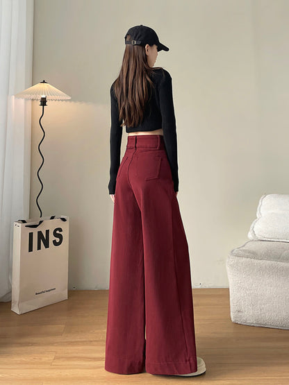 YEEYEEWang wide-leg jeans in Dark Cherry, Asian-fit cut, full-body back view in black cap and knit top, back patch pockets, floor-sweeping drape.
