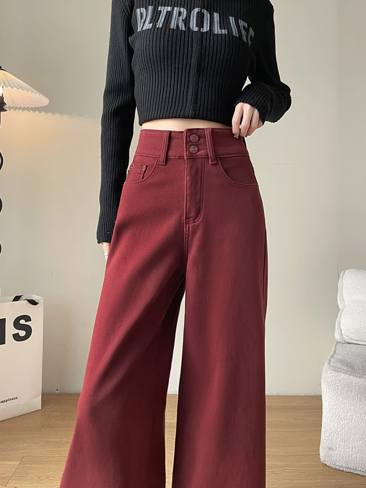 YEEYEEWang wide-leg jeans in Dark Cherry, Asian-fit cut, waist-down close front view, double-button high waistband and curved front pockets.
