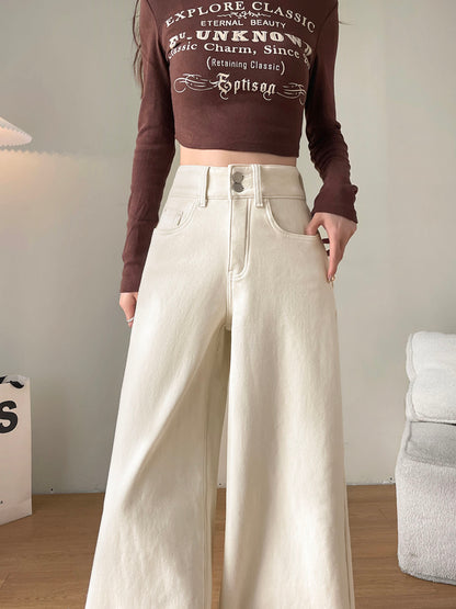 YEEYEEWang Fleece-Lined Wide-Leg Jeans in Ivory, waist-down front view, double metal buttons and curved front pockets on clean ecru denim, Asian-fit cut.