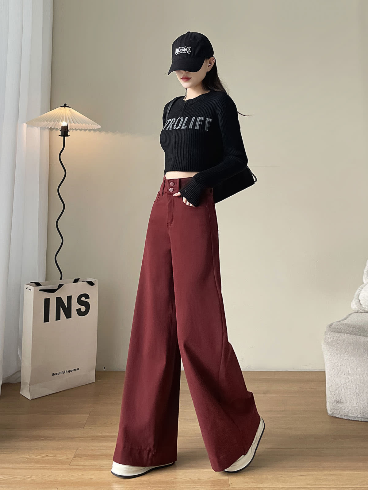YEEYEEWang Fleece-Lined Wide-Leg Jeans in Dark Cherry, full-body front walking pose, letter-print black crop top, one hand in pocket, Asian-fit cut.