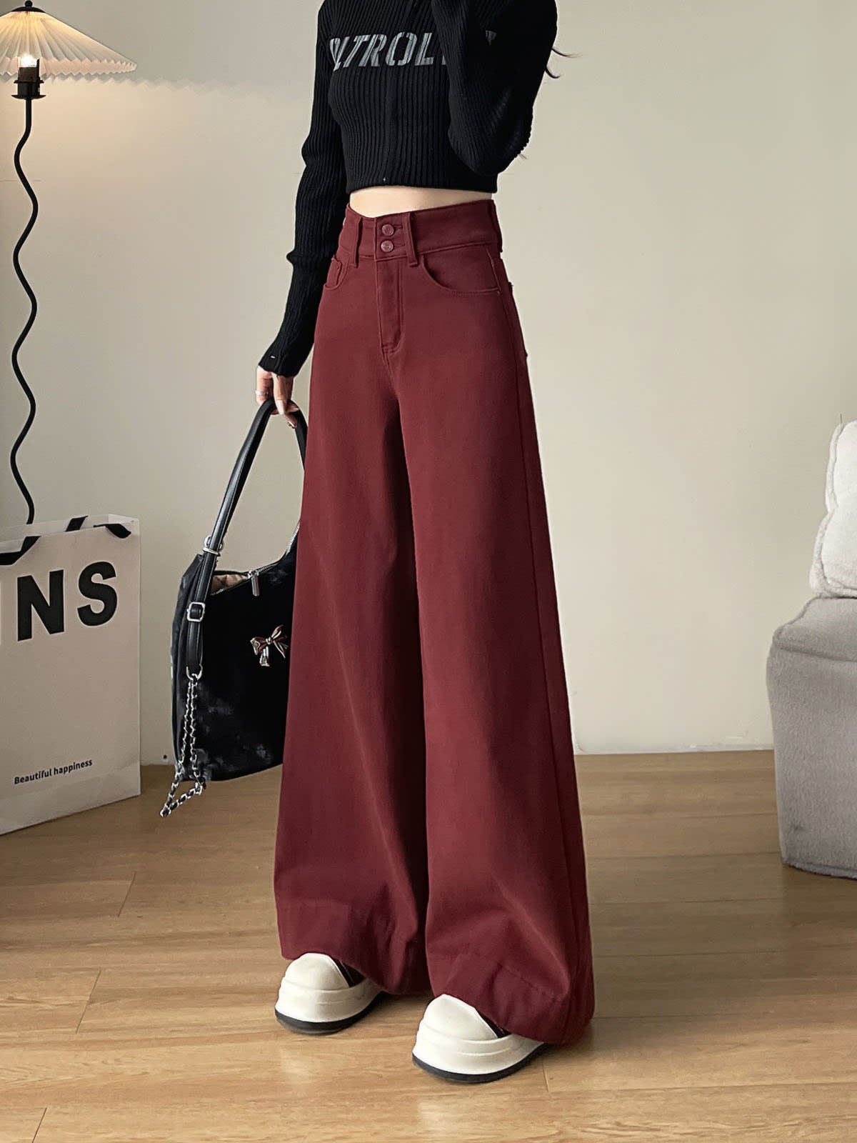 YEEYEEWang Fleece-Lined Wide-Leg Jeans in Dark Cherry, full-body front standing view holding black handbag with chain, letter-print black crop top, Asian-fit cut.