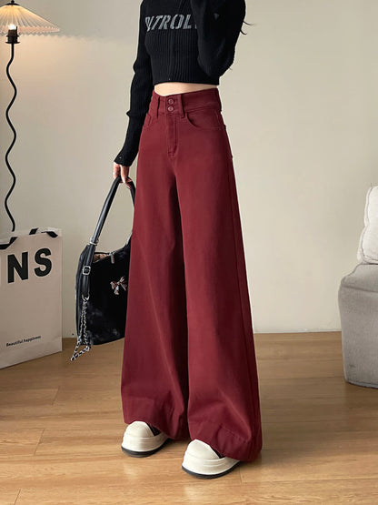 YEEYEEWang Fleece-Lined Wide-Leg Jeans in Dark Cherry, full-body front standing view holding black handbag with chain, letter-print black crop top, Asian-fit cut.