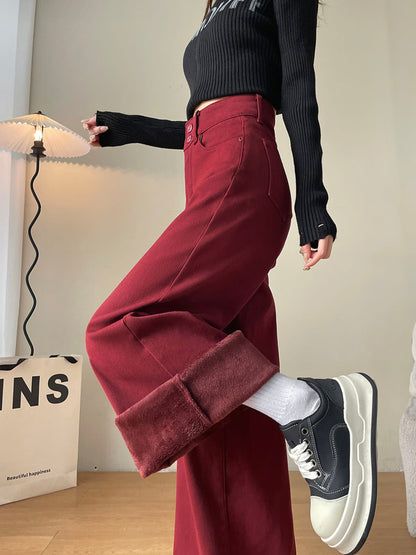 YEEYEEWang Fleece-Lined Wide-Leg Jeans in Dark Cherry, half-body side view with leg-kick pose, folded cuff revealing plush fleece lining, Asian-fit cut.