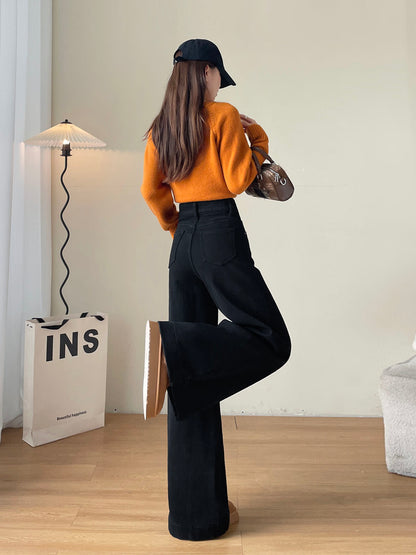 YEEYEEWang Fleece-Lined Wide-Leg Jeans in Solid Black, full-body back view with leg-kick pose, orange sweater and brown shoulder bag, Asian-fit cut.