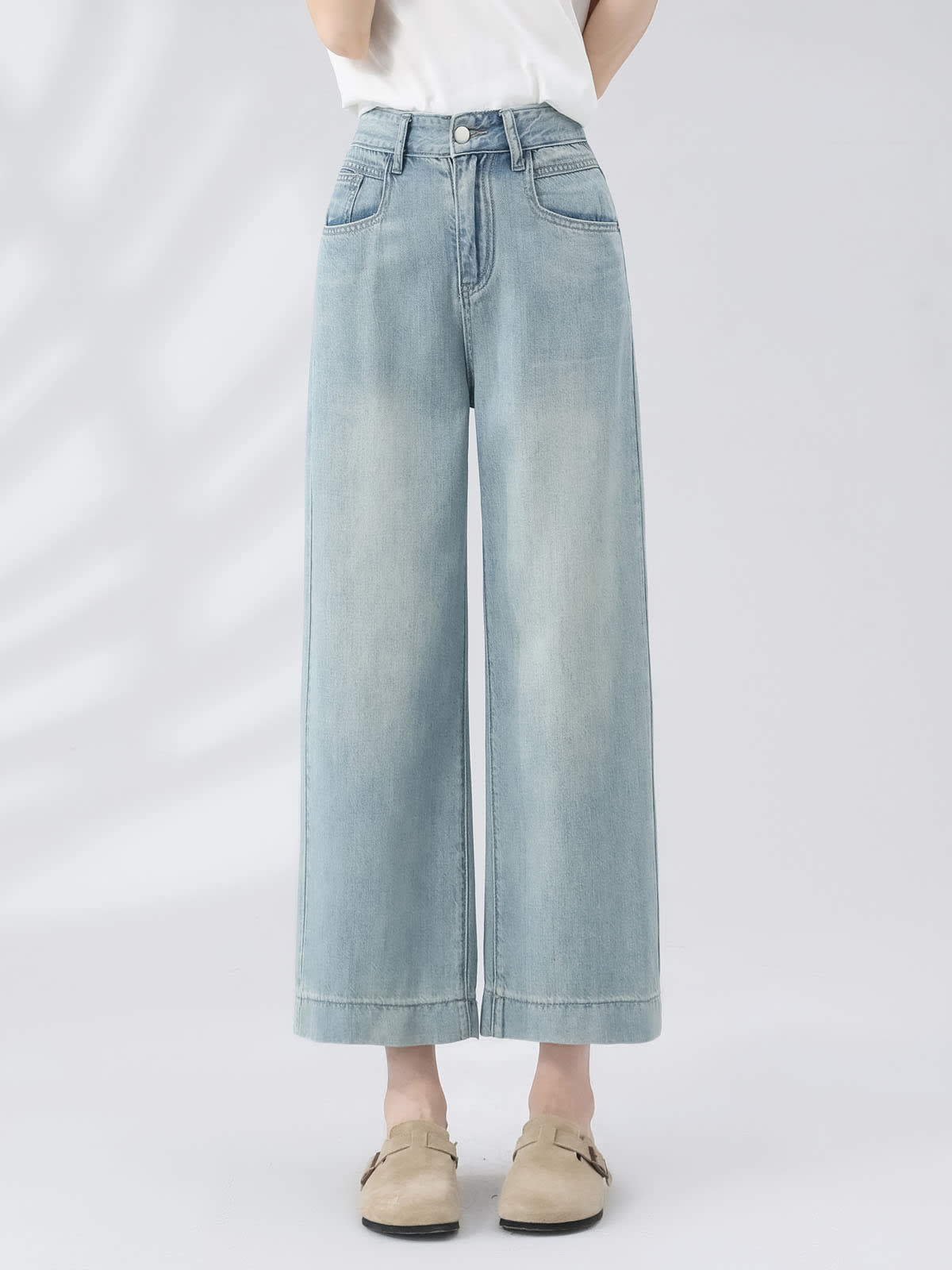 YEEYEEWang Wide-Leg Jeans in Light Blue, Asian-fit cut, waist-down front standing view with white tee and tan clogs, variant thumbnail.