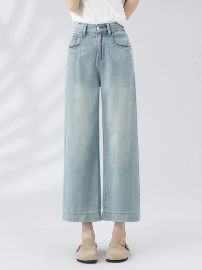 YEEYEEWang Wide-Leg Jeans in Light Blue, Asian-fit cut, waist-down front standing view with white tee and tan clogs, variant thumbnail.