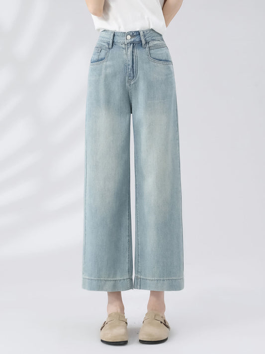 YEEYEEWang Wide-Leg Jeans in Light Blue, Asian-fit cut, waist-down front standing view with white tee and tan clogs, variant thumbnail.