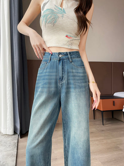 YEEYEEWang Straight Jeans in Vintage Blue, Asian-fit cut, waist-down front view standing, hand resting on waistband, metal button and front pockets visible.