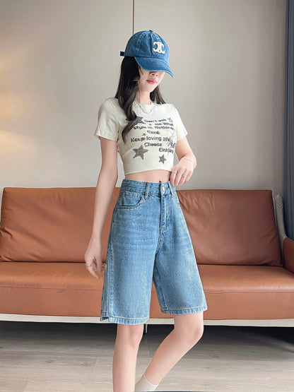 YEEYEEWang Denim Bermuda Shorts in Blue, Asian-fit cut, full-body front three-quarter standing pose with hand resting near the waistband, paired with a denim cap.