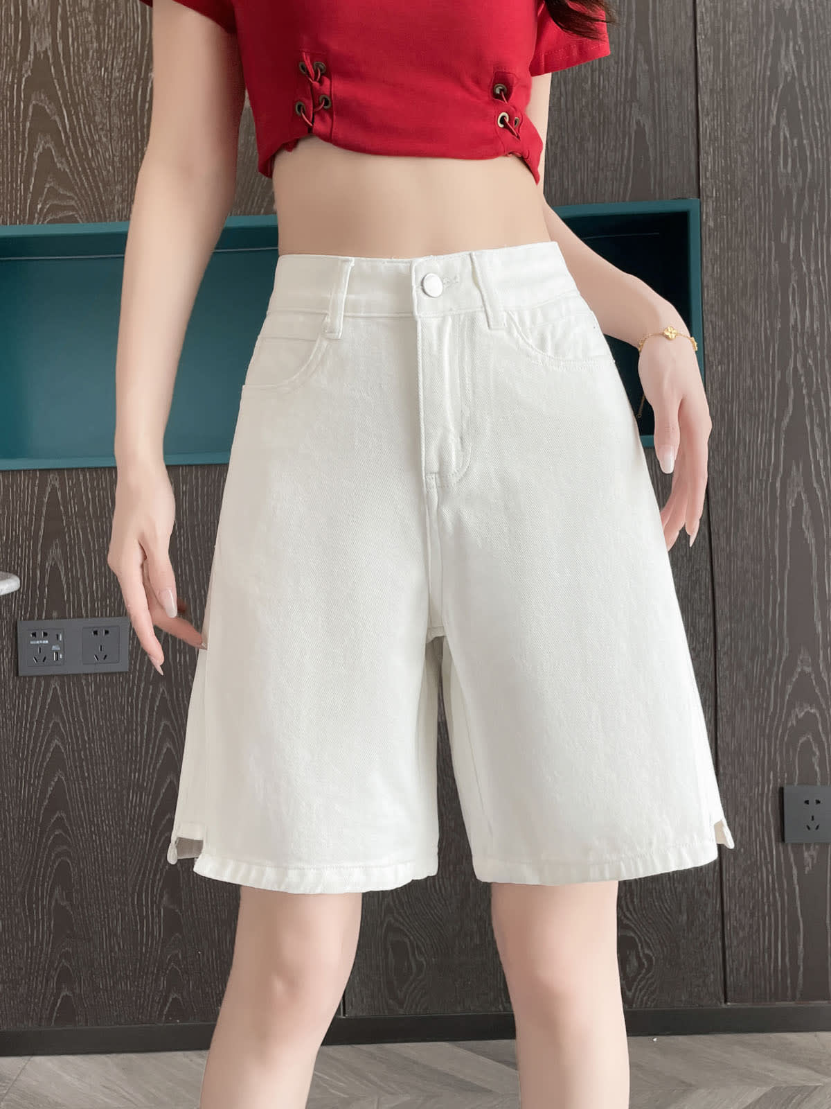 YEEYEEWang Denim Bermuda Shorts in White, Asian-fit cut, waist-down front view showing high-rise waistband and relaxed straight legs, variant thumbnail.