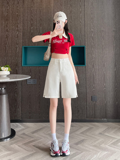 YEEYEEWang Denim Bermuda Shorts in White, Asian-fit cut, full-body front standing pose holding phone at face, styled with cap and shoulder bag.