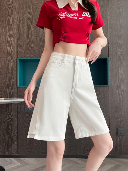 YEEYEEWang Denim Bermuda Shorts in White, Asian-fit cut, waist-down front view with wide-leg drape and clean cuffed hems.