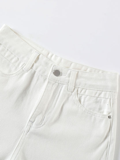 YEEYEEWang Denim Bermuda Shorts in White, Asian-fit cut, close-up of high-rise waistband with silver-tone button and front pockets.