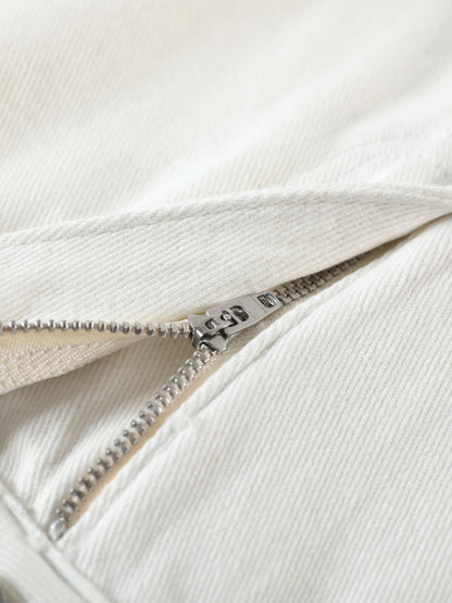 YEEYEEWang Denim Bermuda Shorts in White, Asian-fit cut, close-up of silver-tone zipper fly on fine twill denim.