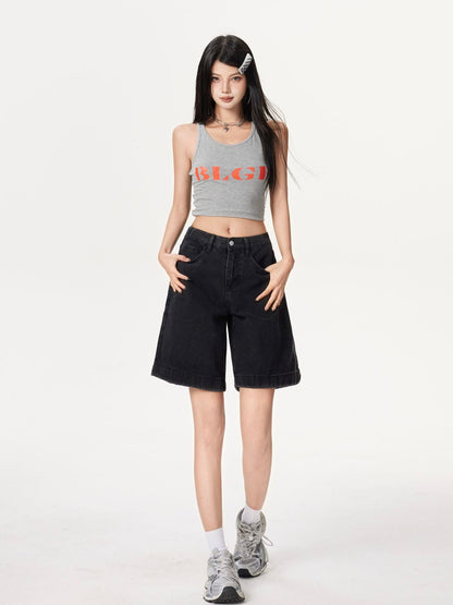 YEEYEEWang Denim Bermuda Shorts in Solid Black, Asian-fit cut, full-body front standing pose, hands resting on front pockets, grey tank top.