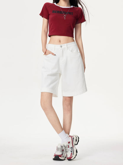 YEEYEEWang Denim Bermuda Shorts in Ivory, Asian-fit cut, waist-down front pose, one hand in front pocket, red crop tee.