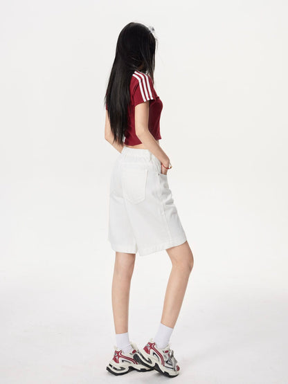 YEEYEEWang Denim Bermuda Shorts in Ivory, Asian-fit cut, full-body three-quarter back view standing, back patch pocket and side seam visible.