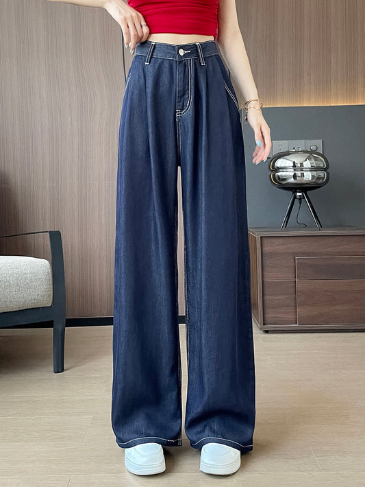 YEEYEEWang Wide-Leg Jeans in Denim Blue, Asian-fit cut, waist-down standing front view showing floor-sweeping drape and contrast stitching, variant thumbnail.