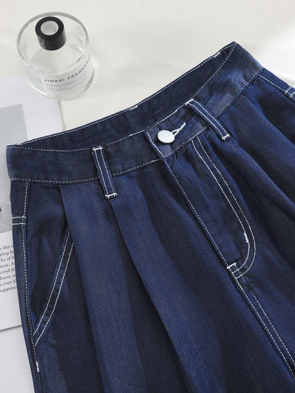 YEEYEEWang Wide-Leg Jeans in Denim Blue, Asian-fit cut, close-up of flat-laid waistband with silver-tone button, belt loops and contrast topstitching.