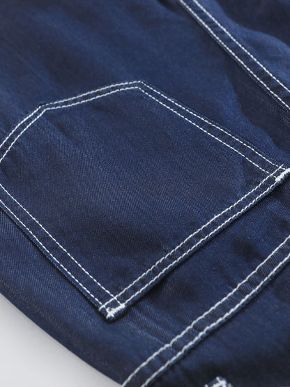YEEYEEWang Wide-Leg Jeans in Denim Blue, Asian-fit cut, close-up of back patch pocket with pointed base and double contrast topstitching.