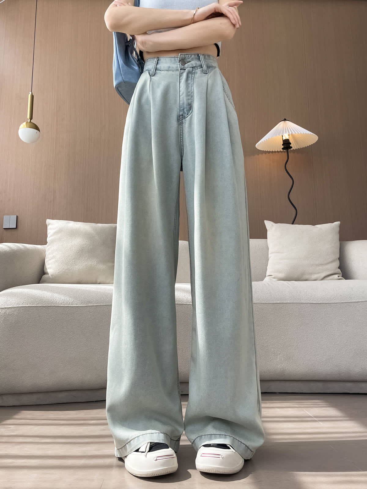 YEEYEEWang Wide-Leg Jeans in Light Blue, waist-down front standing view with pleated floor-sweeping drape, Asian-fit cut variant thumbnail.