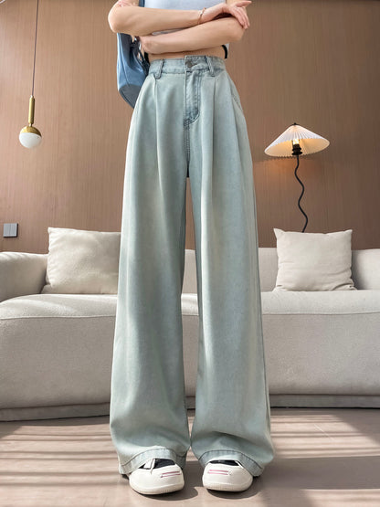 YEEYEEWang Wide-Leg Jeans in Light Blue, waist-down front standing view with pleated floor-sweeping drape, Asian-fit cut variant thumbnail.