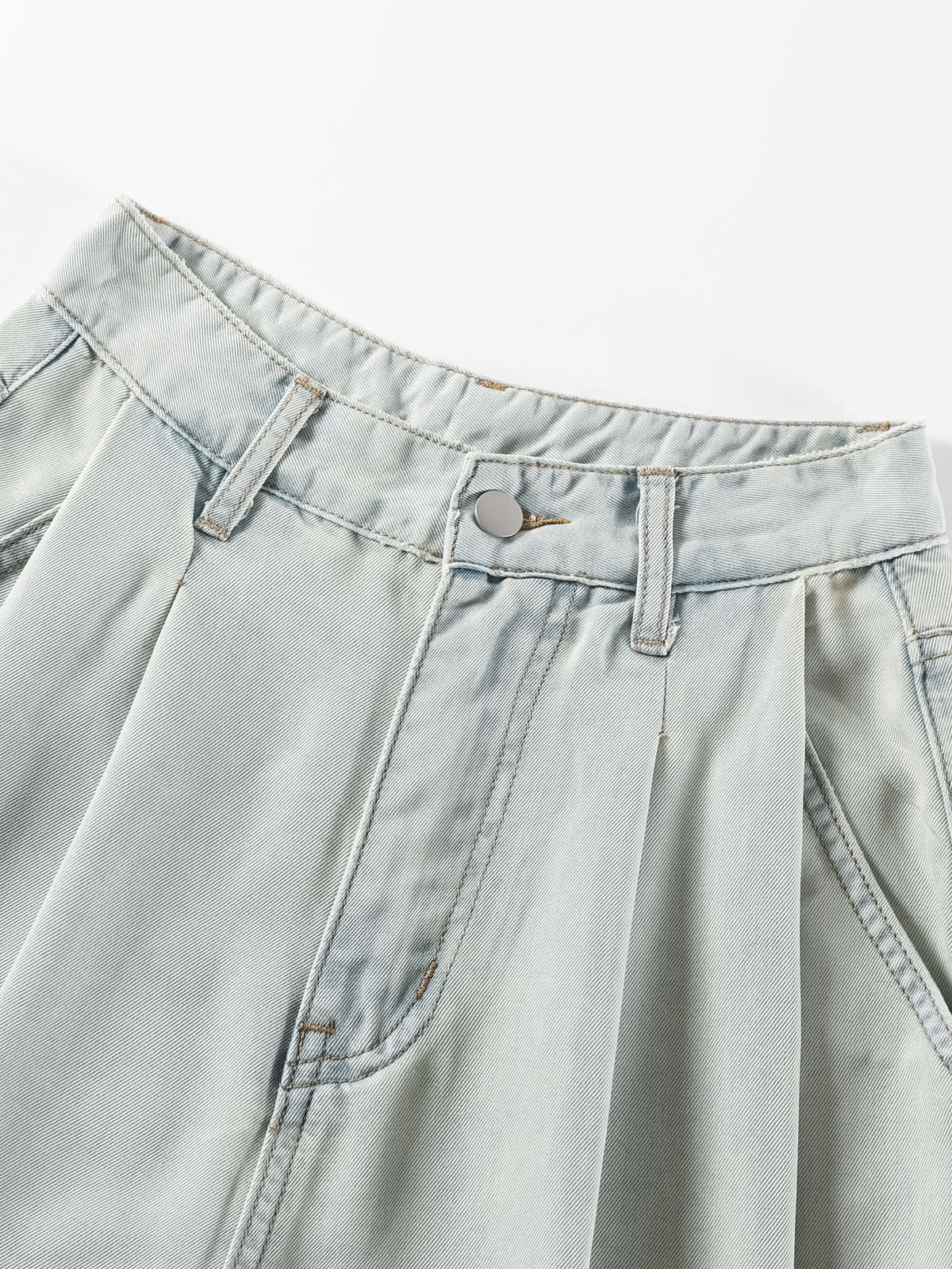 YEEYEEWang Wide-Leg Jeans in Light Blue, Asian-fit cut, close-up of pleated waistband with belt loops and silver-tone button on light wash denim.