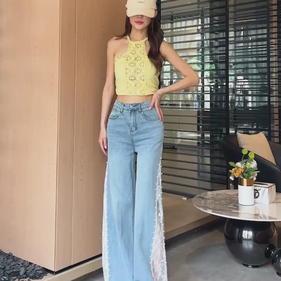 YEEYEEWang Wide-Leg jeans video, Asian model shows high-waisted wide-leg fit in multiple washes, hands-on-hips and leg-lift moves highlighting drape and lace-pearl side panels